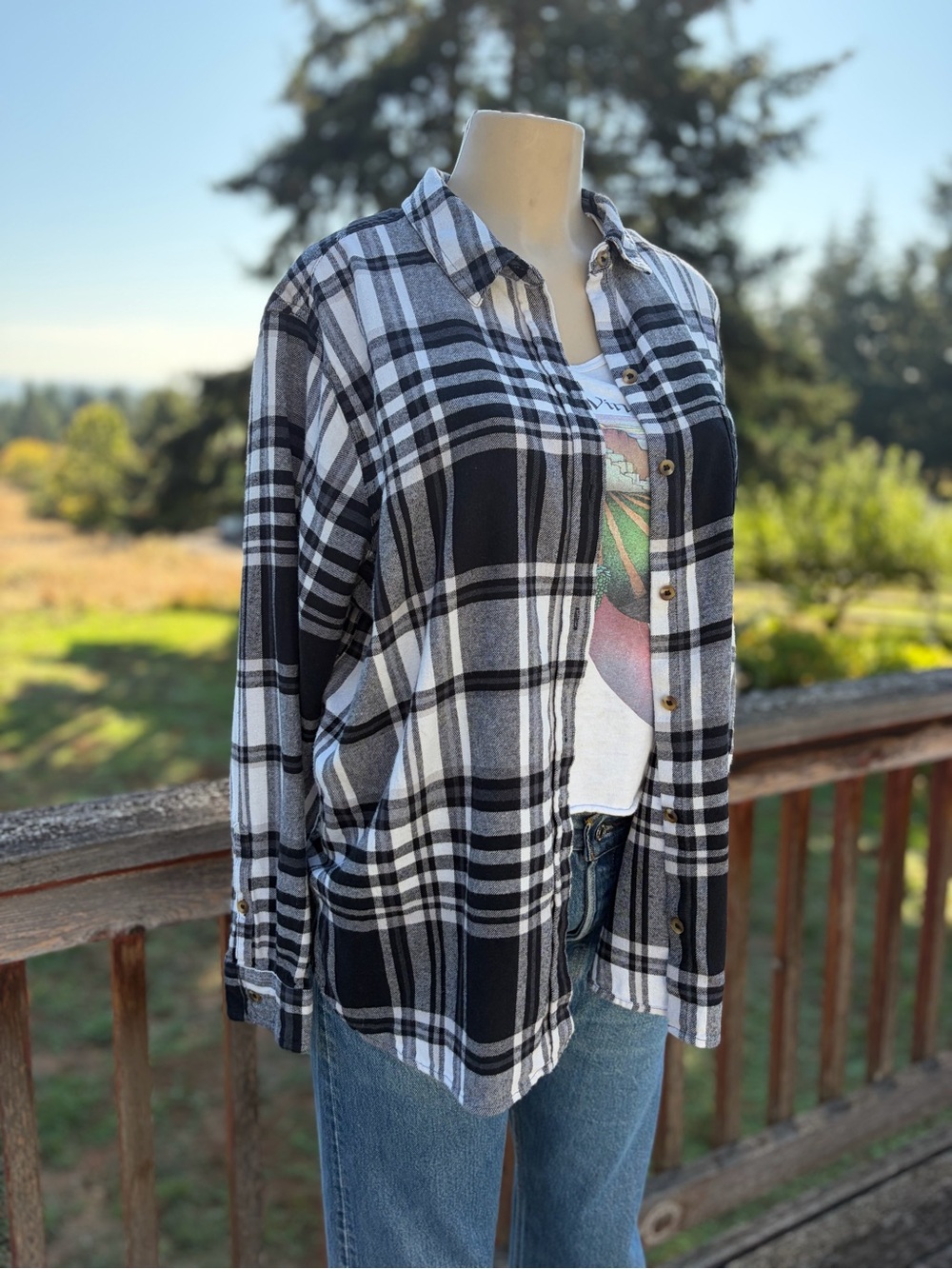 Sonoma Classic Black & White Plaid Button-Up Flannel Shirt Women’s Size XXL Fall
